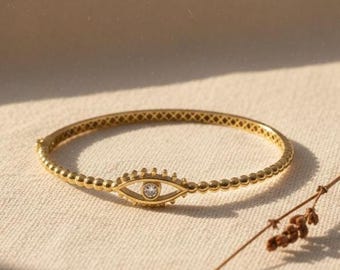 14K Gold Bangle with Evil Eye Design – Solid Bracelet