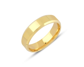 14k Gold Yellow Gold 5mm Beveled Edge Wedding Band - Polished - Comfort fit - Wedding Rings for Men and Women Plain Simple Wedding Band Ring