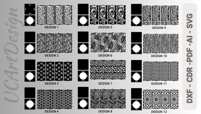 May include: A digital design image featuring 12 different decorative panel designs. Each design is displayed in a rectangular format with intricate patterns. The designs are labeled with numbers and include floral, geometric, and abstract motifs. The image also includes the text "UCArt Design" and file type information.