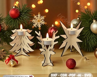 May include: Three wooden Christmas candle holders shaped like a tree, reindeer, and star, each with a lit tea light. The holders are on a wooden surface, with Christmas decorations and greenery behind. The text "LASER CUT FILES" and "DXF - CDR - PDF - AI - SVG LightBurn" are visible.