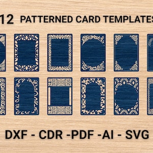May include: Twelve patterned card templates with intricate cut-out designs. The cards feature a dark blue background with various decorative borders and shapes. The image includes file format options: DXF, CDR, PDF, AI, and SVG.