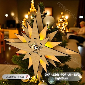 Christmas Star SVG, Laser Cut Star Light, 3D LED Wooden Tree Topper & Wall Decor, Glowforge DXF Digital Download