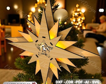 Christmas Star SVG, Laser Cut Star Light, 3D LED Wooden Tree Topper & Wall Decor, Glowforge DXF Digital Download