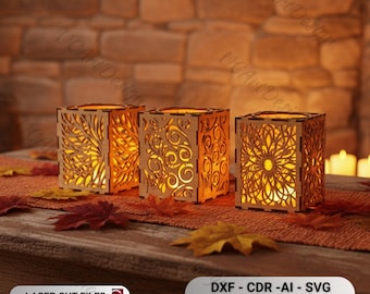 Wooden Lantern SVG Bundle | Laser Cut Candle Holder & Tea Light DXF Files for Glowforge CNC Cricut | Modern Wood Decor (Digital Download)