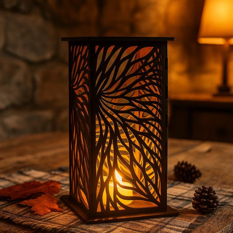 May include: A rectangular, black metal candle holder with a tree branch design. The candle holder is lit from within, casting a warm orange glow. The candle holder is on a plaid surface with fall leaves and pinecones.