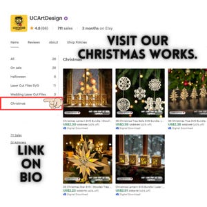 May include: Etsy shop screenshot featuring Christmas-themed laser cut files. The image showcases various Christmas ornaments, lanterns, and a star, with the text "VISIT OUR CHRISTMAS WORKS." and "LINK ON BIO."
