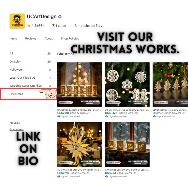 May include: Etsy shop screenshot featuring Christmas-themed laser cut files. The image showcases various Christmas ornaments, lanterns, and a star, with the text "VISIT OUR CHRISTMAS WORKS." and "LINK ON BIO."