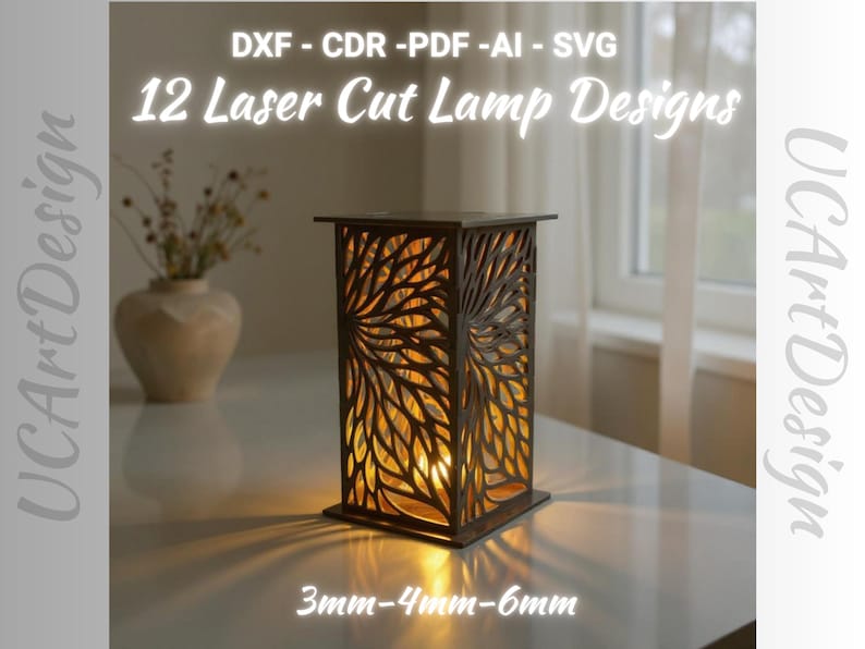 May include: A laser-cut lamp design with a floral pattern, illuminated from within. The lamp is brown and sits on a white surface. Text on the image reads "12 Laser Cut Lamp Designs" and "3mm-4mm-6mm".