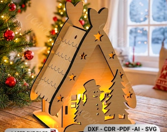 Laser Cut Christmas Lantern SVG, 3D Wooden Snowman House Lamp Template, Glowforge DXF File, DIY Tealight Candle Holder (Digital Download)