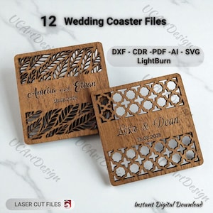 Könnte beinhalten: Zwei lasergeschnittene Hochzeitsuntersetzer aus Holz. Ein Untersetzer hat ein Blattdesign, die Namen "Amelia und Ethan" und das Datum "18.08.2025". Der andere hat ein geometrisches Muster, die Namen "Lisa & Dean" und das Datum "25.08.2025". Das Bild enthält auch den Text "12 Wedding Coaster Files".