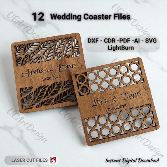Laser Cut Wedding Save the Date SVG, Personalized Wooden Coasters, Glowforge Files, Cricut Wedding Favors, Bulk Set of 12 DXF