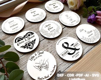 Laser cut Wedding Save the date SVG files, Personalized Wedding Coasters, Set of 9 bundle, Glowforge wood plans, Boho Wedding Favors DXF