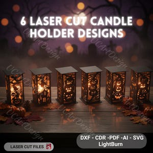 May include: Six laser-cut candle holder designs with Halloween themes. The black holders feature intricate cutouts of jack-o'-lanterns, haunted houses, and other spooky images. The text "6 LASER CUT CANDLE HOLDER DESIGNS" is at the top. The image also includes "LASER CUT FILES".