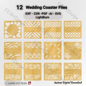 May include: Twelve laser-cut wooden wedding coaster files with various decorative designs, including hearts, geometric patterns, and floral motifs. The coasters are square-shaped and feature intricate cut-out patterns. Text on the image reads "12 Wedding Coaster Files" and "Instant Digital Download."