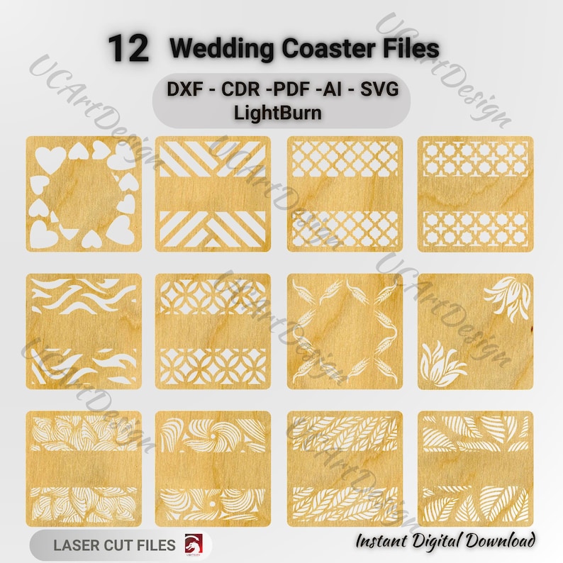 May include: Twelve laser-cut wooden wedding coaster files with various decorative designs, including hearts, geometric patterns, and floral motifs. The coasters are square-shaped and feature intricate cut-out patterns. Text on the image reads "12 Wedding Coaster Files" and "Instant Digital Download."