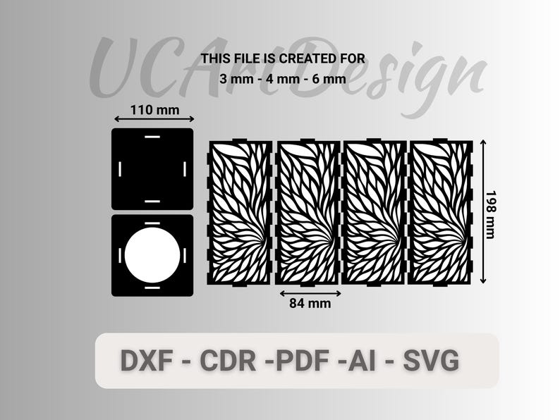 May include: Black and white laser cut design elements. The image includes a square and a circular shape, along with four rectangular panels with a leaf-like pattern. Dimensions are provided in millimeters: 110 mm, 84 mm, and 198 mm. The text indicates file formats: DXF, CDR, PDF, AI, and SVG.