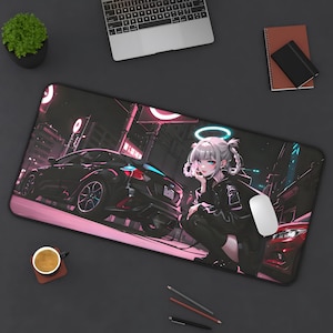 May include: A black and pink anime-style mousepad featuring a young woman with white hair and a halo, wearing a black jacket and sitting next to a black car. The background is a city street at night with neon lights.