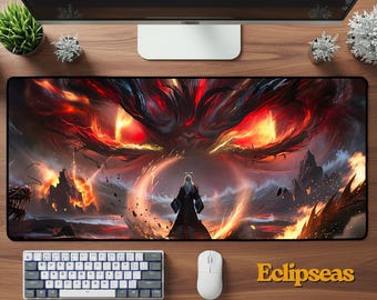 Anime Dragon Slayer Deskmat | Fire Dragon Warrior Mouse Pad | Fantasy Neoprene Desk Gift | Gamer Office Desk Accessory | Epic Setup Decor