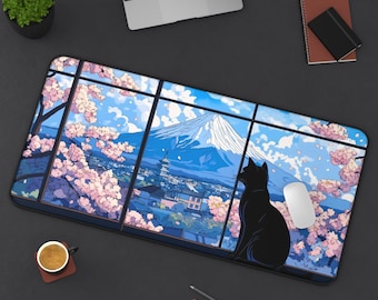 Cat Japan Mount Fuji Black Cat Mousepad | Cute Kawaii Desk Mat | Aesthetic Anime Cat Pad | Japanese Scenery Gaming Mat | Cozy Decor
