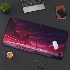 May include: A red and purple gaming mouse pad with a futuristic city skyline and a wolf silhouette. The mouse pad has a black border.