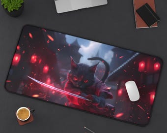 Anime Cat Samurai Mousepad | Unique Background Design | SmoothSurface | Desk Decor | Gaming Mouse Pad | Gift for Anime Fans | Stylish