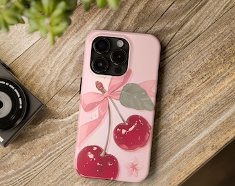 Cherry Phone Case | Cute Pink Red Kawaii Cover | Glossy Fruit Aesthetic | Protective TPU Bumper | Wireless Charging Friendly