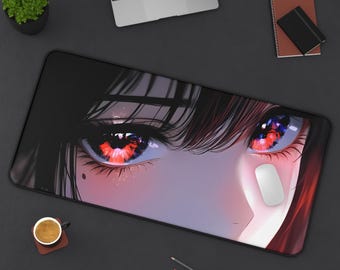 Alfombrilla de escritorio de chica anime de ojos rojos, bonita alfombrilla para ratón para juegos, alfombrilla estética para PC, alfombrilla grande antideslizante y duradera para gamers, regalo de decoración de oficina personalizado.