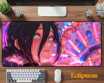 Waifu Neon Carnival Deskmat | Anime Girl Mouse Pad | Gaming Desk Mat | Neoprene Mousepad | Office Desk Accessory | Anime Desk Gift