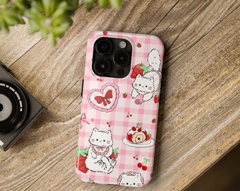 Funda para teléfono con diseño de gato fresa, linda funda kawaii rosa, estética de gatito brillante, parachoques protector de TPU, compatible con carga inalámbrica
