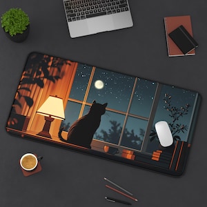 Cute | Cat | Lofi | Night | Gaming | Deskmat | Mousepad | PC Gamer | Aesthetic | Non-Slip | Durable | Home Office | Gift