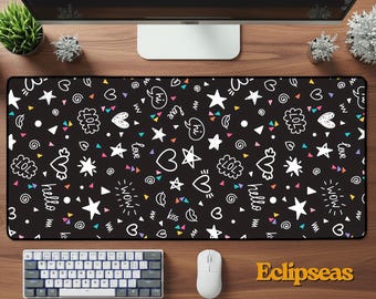 Doodle Love Deskmat | Kiss Heart Star Mouse Pad | Cute Desk Mouse Pad | Neoprene Mousepad | Office Desk Accessory | Romantic Desk Gift