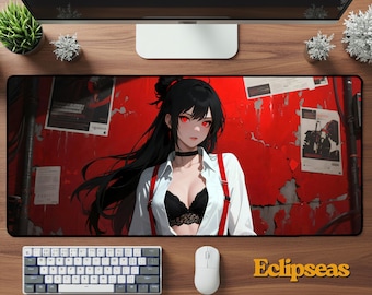 Retro Anime Waifu Deskmat | Cute Sexy Girl Mouse Pad | Red Aesthetic Neoprene Desk Gift | Gamer Office Desk Accessory | Setup Decor