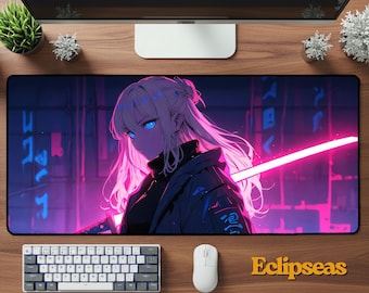Samurai Girl Waifu Deskmat | Anime Neon Mouse Pad | Gaming Desk Mat | Neoprene Mousepad | Office Desk Accessory | Anime Gift