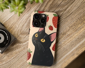 Strawberry Cat iPhone Case | Cute Kitten Phone Cover | Kawaii Fruit Case | Protective Glossy | Wireless Ready | Gift for Cat Lovers