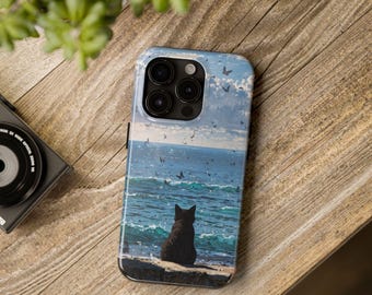 Cute Cat Beach Phone Case | Summer Sea Aesthetic | Glossy Art Cover | Protective Shockproof Case | Wireless Charging Friendly