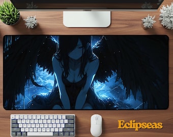 Dark Angel Waifu Deskmat | Gothic Emo Anime Mouse Pad | Sexy Neoprene Desk Gift | Gamer Office Desk Accessory | Aesthetic Setup Decor
