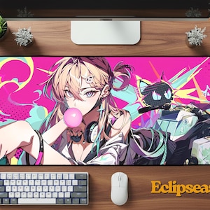 May include: A rectangular mousepad featuring a vibrant anime-style illustration of a woman blowing a bubblegum bubble. The background is a mix of pink and teal graffiti art. The mousepad has the text "Eclipseas" in the bottom right corner.