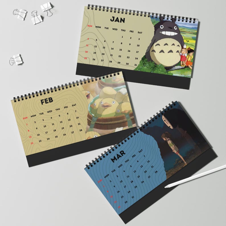 Bureaukalender Anime 2026 | Op Studio Ghibli geïnspireerd | Bureaudecoratie | Pony | Totoro | Studio Ghibli | Bureaudecoratie afbeelding 5