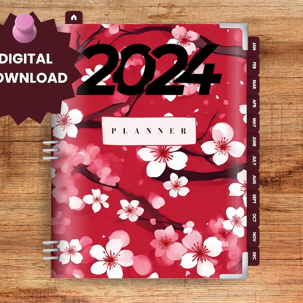 2024 Red CherryBlossom Digital Planner rings 12 Monthly Calendar Hyperlinked planner Notability GoodNotes Stickers Budget Financial pdf