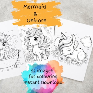 Mermaid & Unicorn Coloring Book: 52 Kids Coloring Pages (Digital Download)