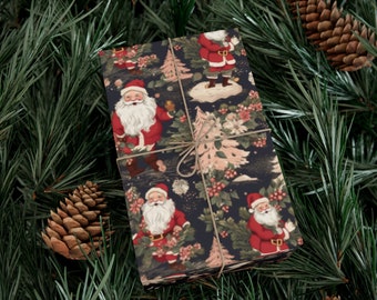May include: A rectangular stack of paper wrapped in dark navy blue paper featuring a repeating pattern of Santa Claus figures, pale pink Christmas trees, and red berries, tied together with a thin, light brown twine string.