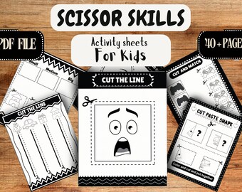 Scissors Skills Cutting and pasting Practice Sheets, Printable Preschool Shapes Lines Worksheets, Homeschool Kindergarten Activities instant