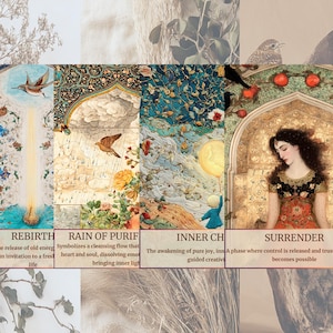 May include: A multi-panel artwork with the words "REBIRTH", "RAIN OF PURIF", "INNER CH", and "SURRENDER". Each panel features detailed illustrations with birds, flowers, and figures. The text below each panel describes its meaning.