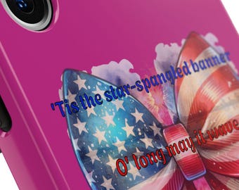 Funda resistente para teléfono con lazo y bandera de EE. UU., detalles en rosa militar