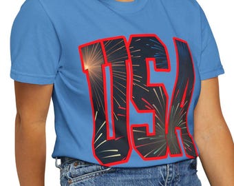 Camiseta de fuegos artificiales patrióticos para celebraciones de EE. UU., unisex, 4 de julio, Día de la Independencia, barbacoa de verano, informal, con mensaje patriota.