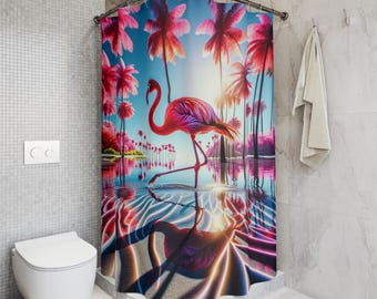 Cortina de ducha con flamencos tropicales, decoración vibrante para el baño, ambiente veraniego, regalo playero