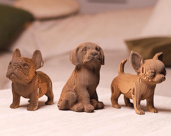 Kartonnen 3D-puzzelset – puppytrio, 3 modellen, 227 stukjes – milieuvriendelijk decor Cadeau voor hondenliefhebbers, geen plastic, klaar voor cadeaus