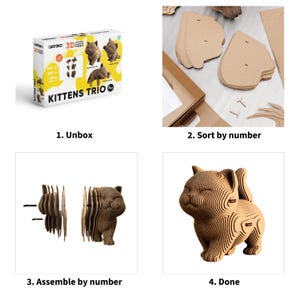 May include: A 3D cardboard puzzle kit titled Kittens Trio featuring three cat sculptures. The set includes numbered die-cut cardboard sheets, assembly instructions, and small fasteners to build layered, brown, corrugated cat figures.