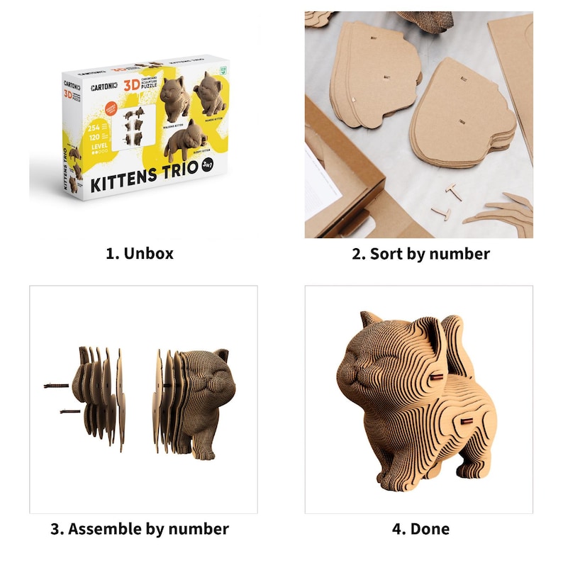 May include: A 3D cardboard puzzle kit titled Kittens Trio featuring three cat sculptures. The set includes numbered die-cut cardboard sheets, assembly instructions, and small fasteners to build layered, brown, corrugated cat figures.
