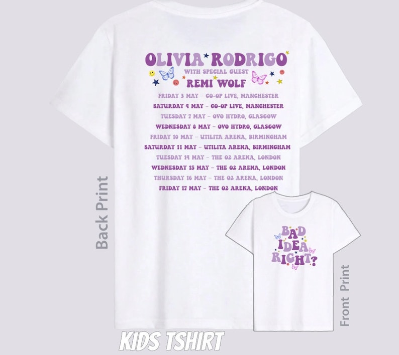 Kids GUTS Album Bad Idea Right Tour 2024 Olivia World Tour Tshirt Tour Dates Olivia Tour Rodrigo 2024 Fan Inspired Tshirt Concert Music image 1